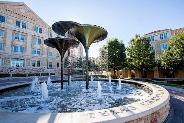 The beautiful TCU Frog Fountain on display on a crisp fall morning.