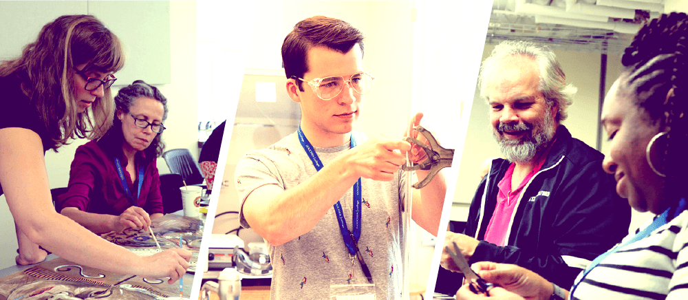 A collage of three photos of people conducting a laboratory experiment and discussing a project.